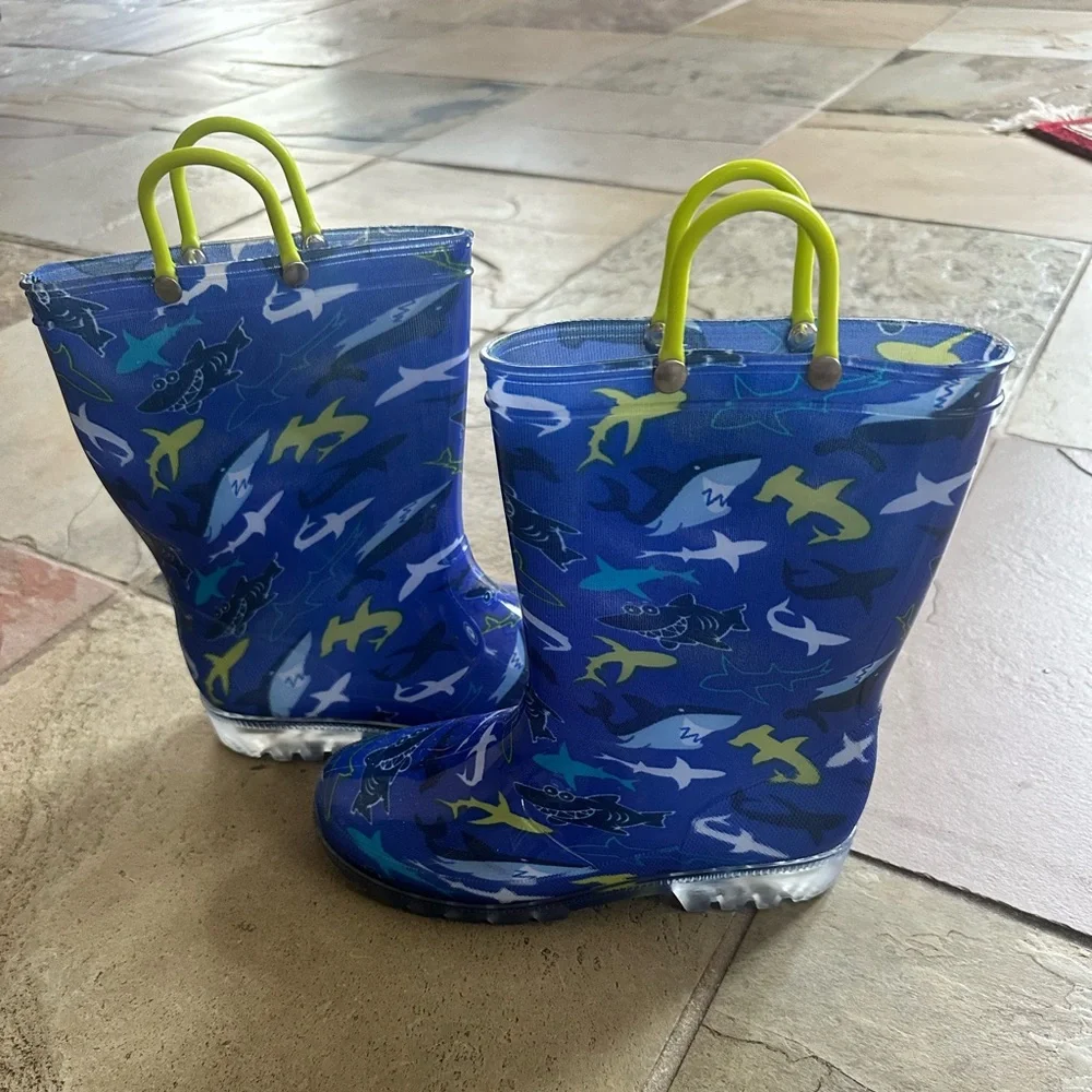 Shark Print Light Up Rain Boots Blue Waterproof Boots Toddler Boys Size 3
